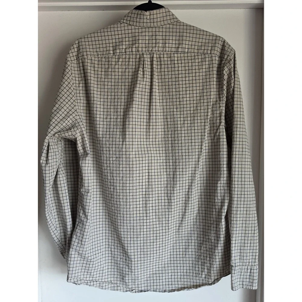 J.Crew Men M Plaid Check Button-Up Long Sleeve Shirt Beige Blue Black Top